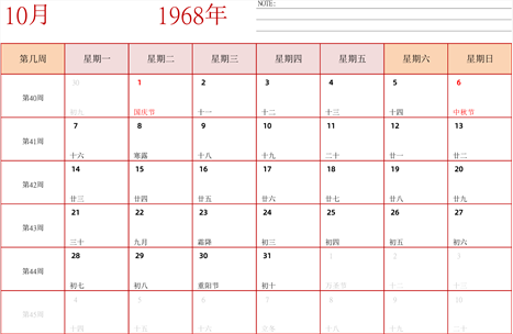 日历表1968年